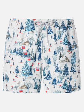 Mid-length Gustavia swim-shorts with ski landscape print