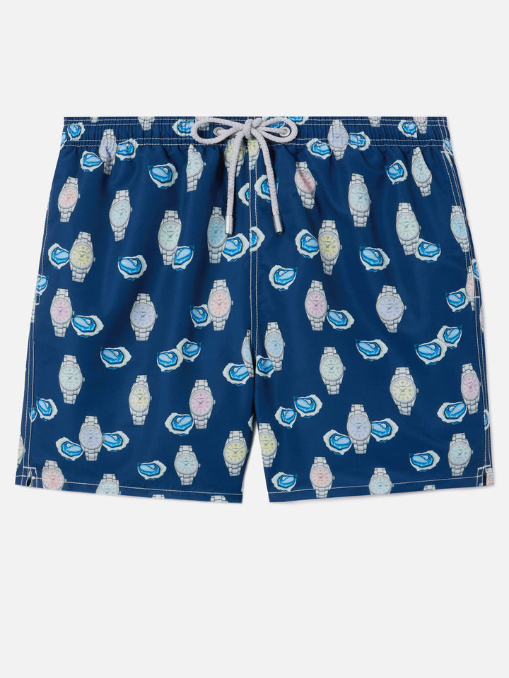 Costume mare Gustavia con stampa ostriche e orologi 