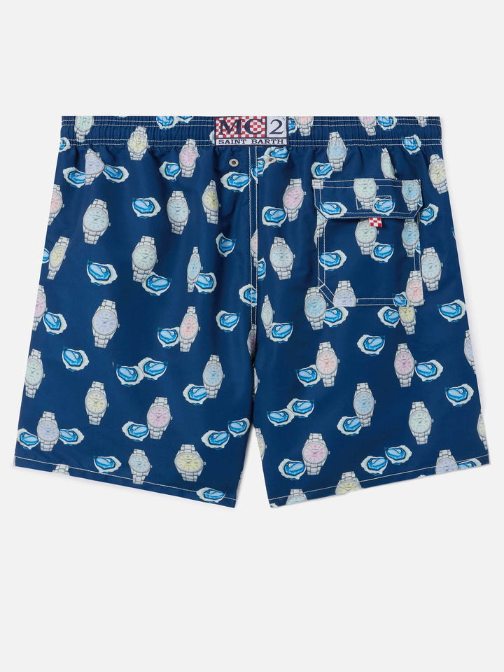 Gustavia swim shorts with oysters and watches print