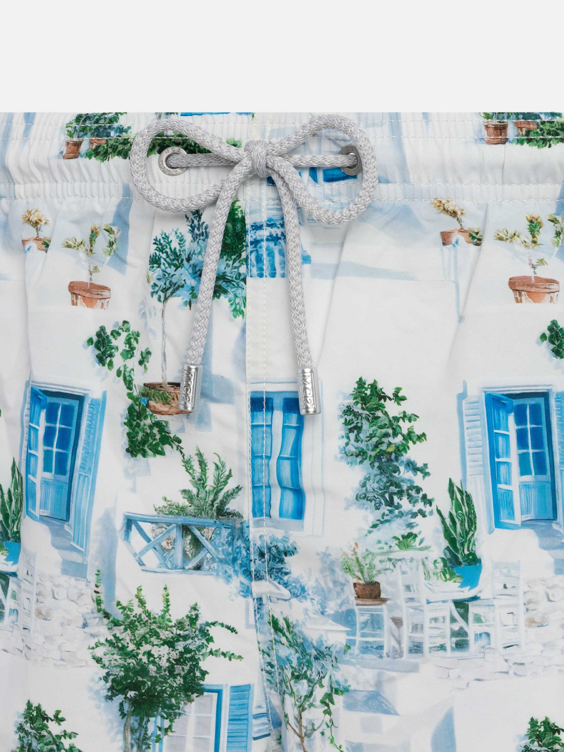 Mid-length Gustavia swim-shorts with Greek house print | AI CO-CREATED DESIGN BY RICKDICK - POWERED BY RED-EYE - MC2 Saint Barth
