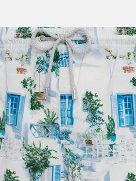 Mid-length Gustavia swim-shorts with Greek house print | AI CO-CREATED DESIGN BY RICKDICK - POWERED BY RED-EYE - MC2 Saint Barth