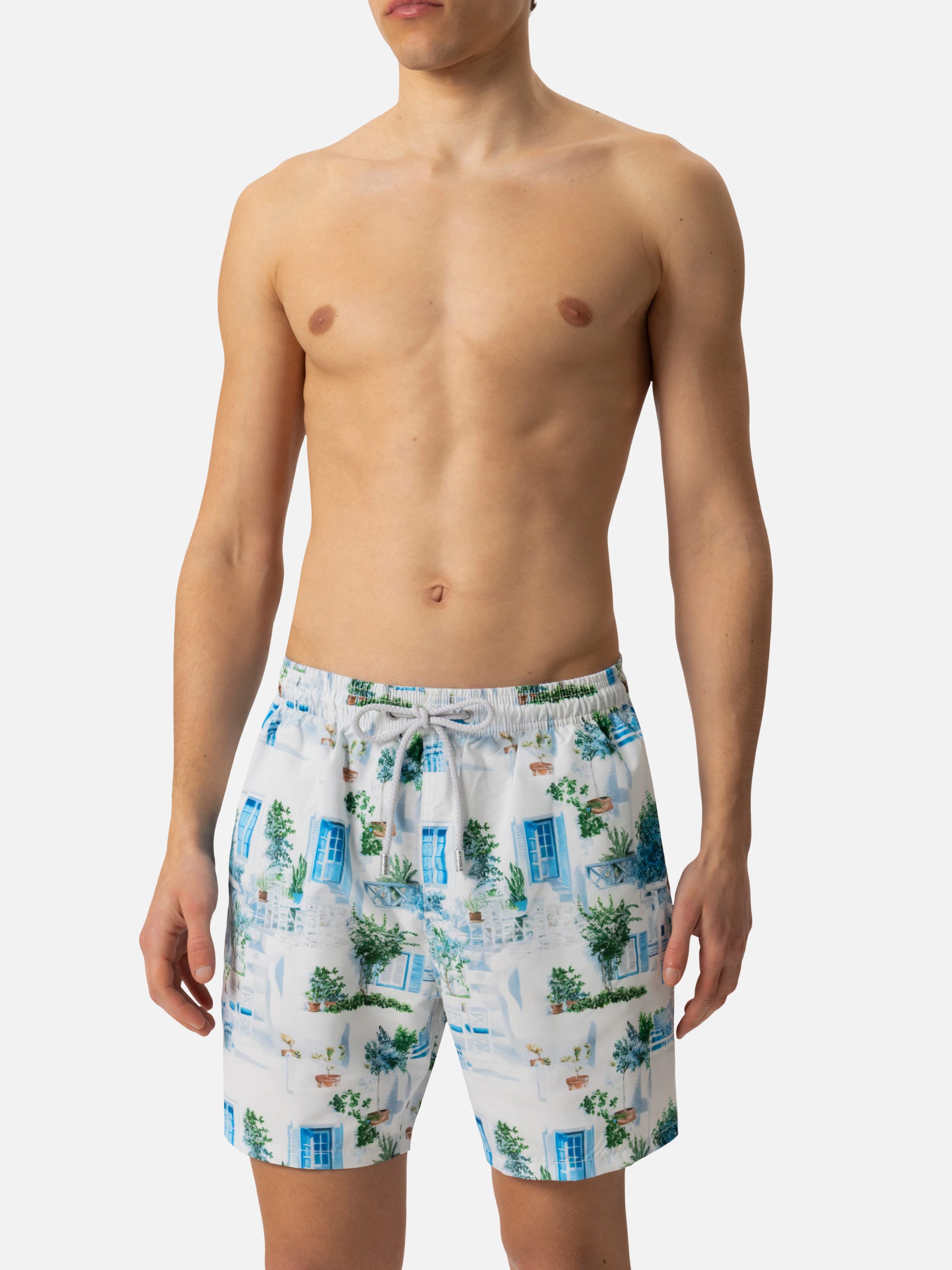 Mid-length Gustavia swim-shorts with Greek house print | AI CO-CREATED DESIGN BY RICKDICK - POWERED BY RED-EYE - MC2 Saint Barth