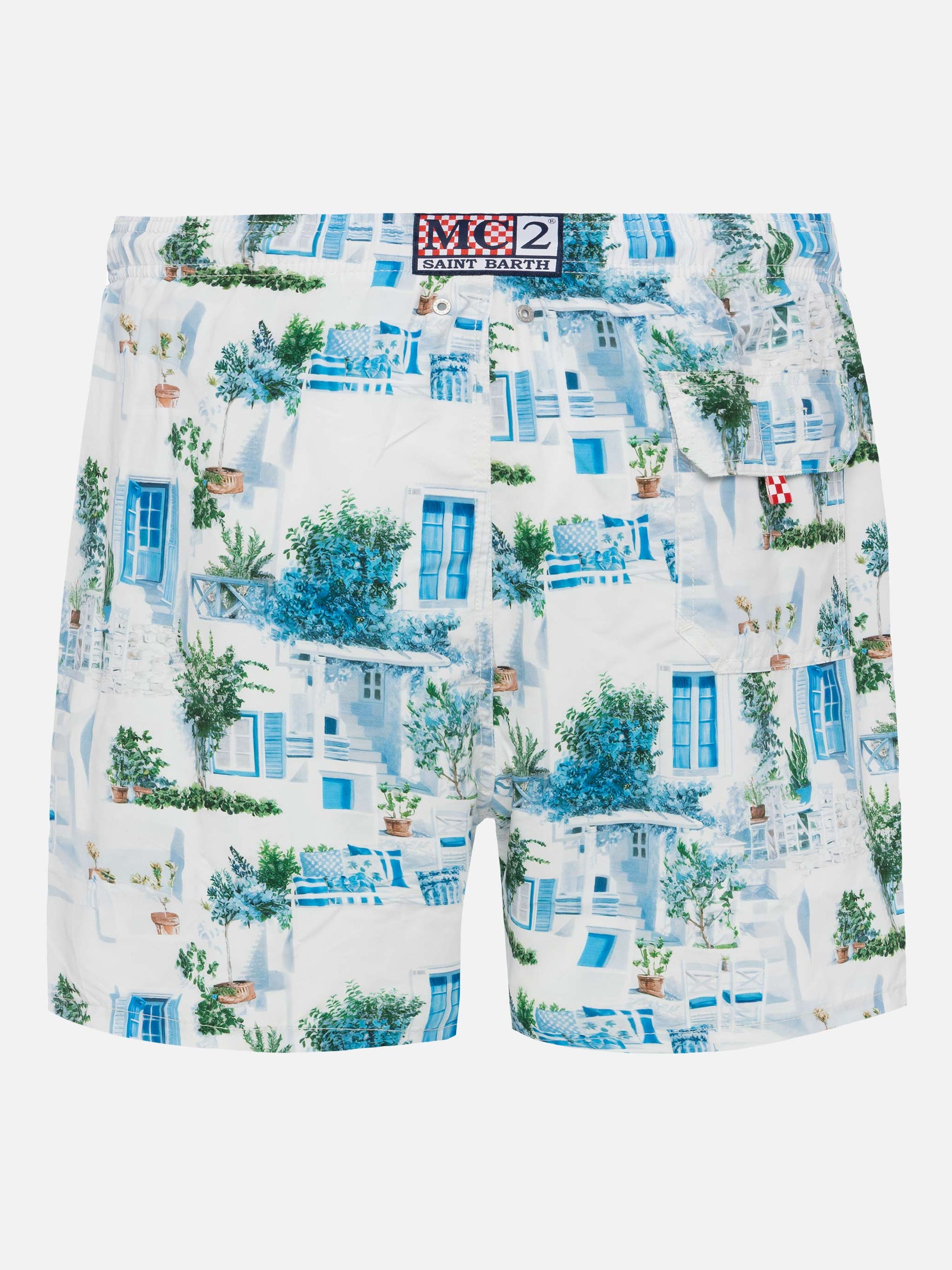 Mid-length Gustavia swim-shorts with Greek house print | AI CO-CREATED DESIGN BY RICKDICK - POWERED BY RED-EYE - MC2 Saint Barth