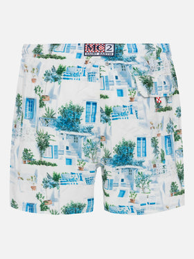 Mid-length Gustavia swim-shorts with Greek house print | AI CO-CREATED DESIGN BY RICKDICK - POWERED BY RED-EYE - MC2 Saint Barth
