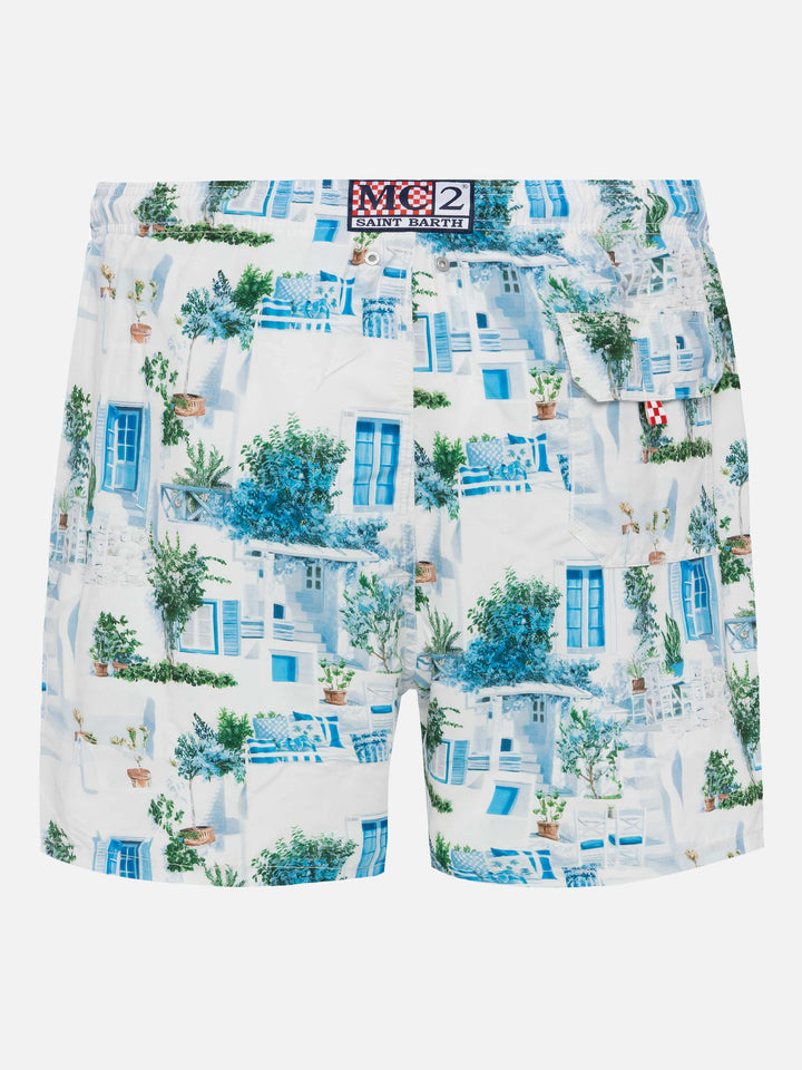 Mid-length Gustavia swim-shorts with Greek house print | AI CO-CREATED DESIGN BY RICKDICK - POWERED BY RED-EYE - MC2 Saint Barth