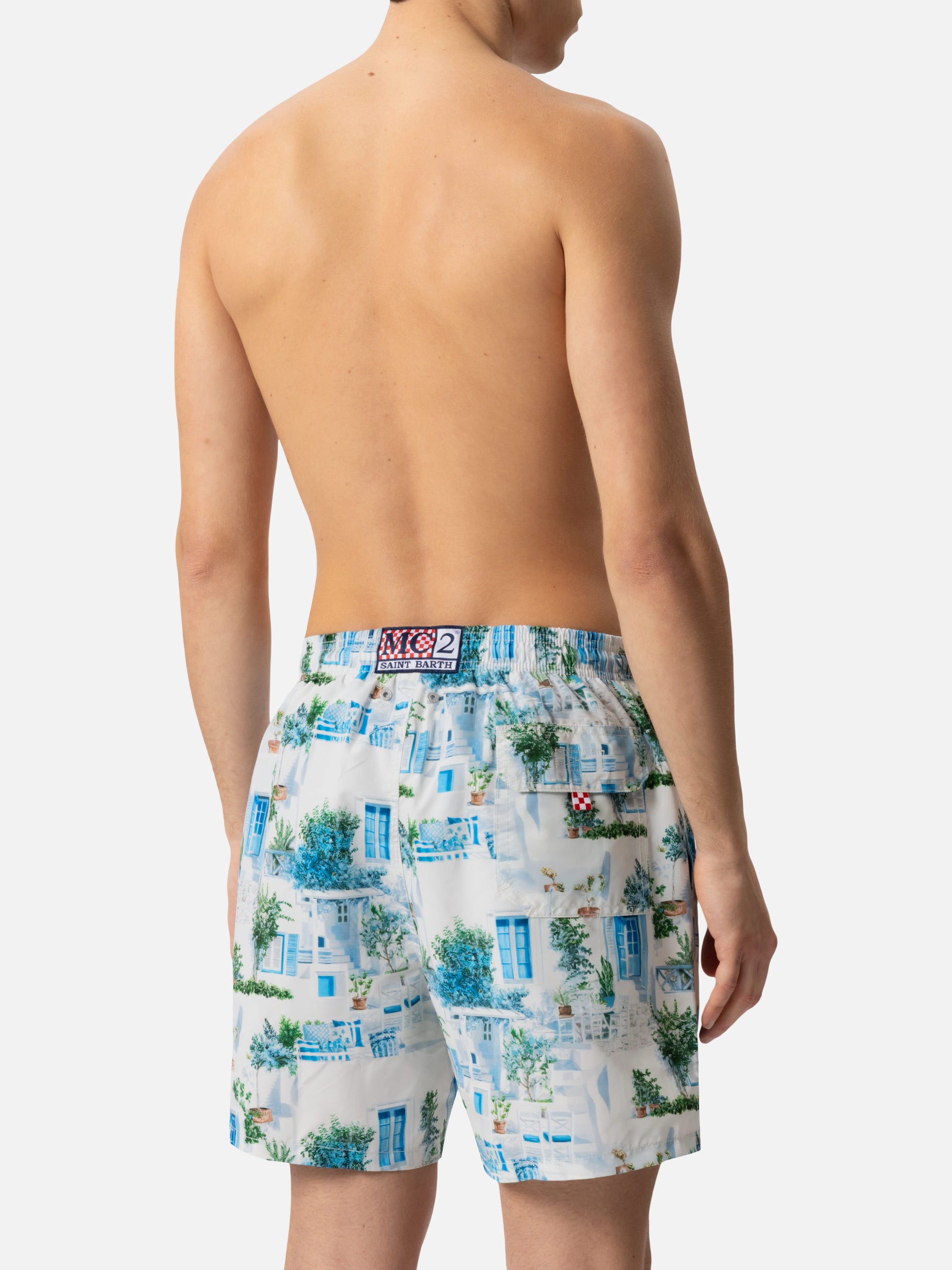 Mid-length Gustavia swim-shorts with Greek house print | AI CO-CREATED DESIGN BY RICKDICK - POWERED BY RED-EYE - MC2 Saint Barth