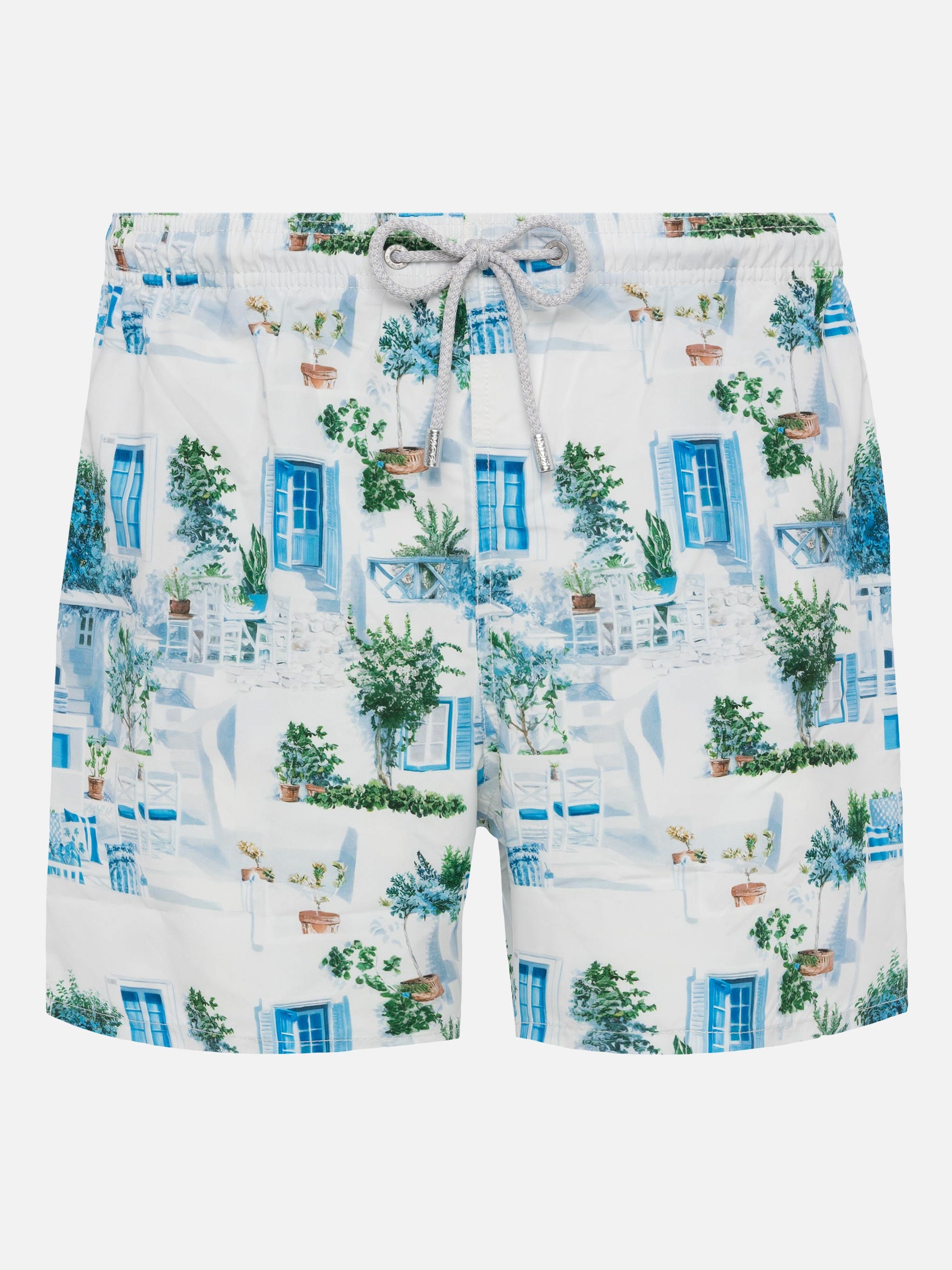 Mid-length Gustavia swim-shorts with Greek house print | AI CO-CREATED DESIGN BY RICKDICK - POWERED BY RED-EYE - MC2 Saint Barth