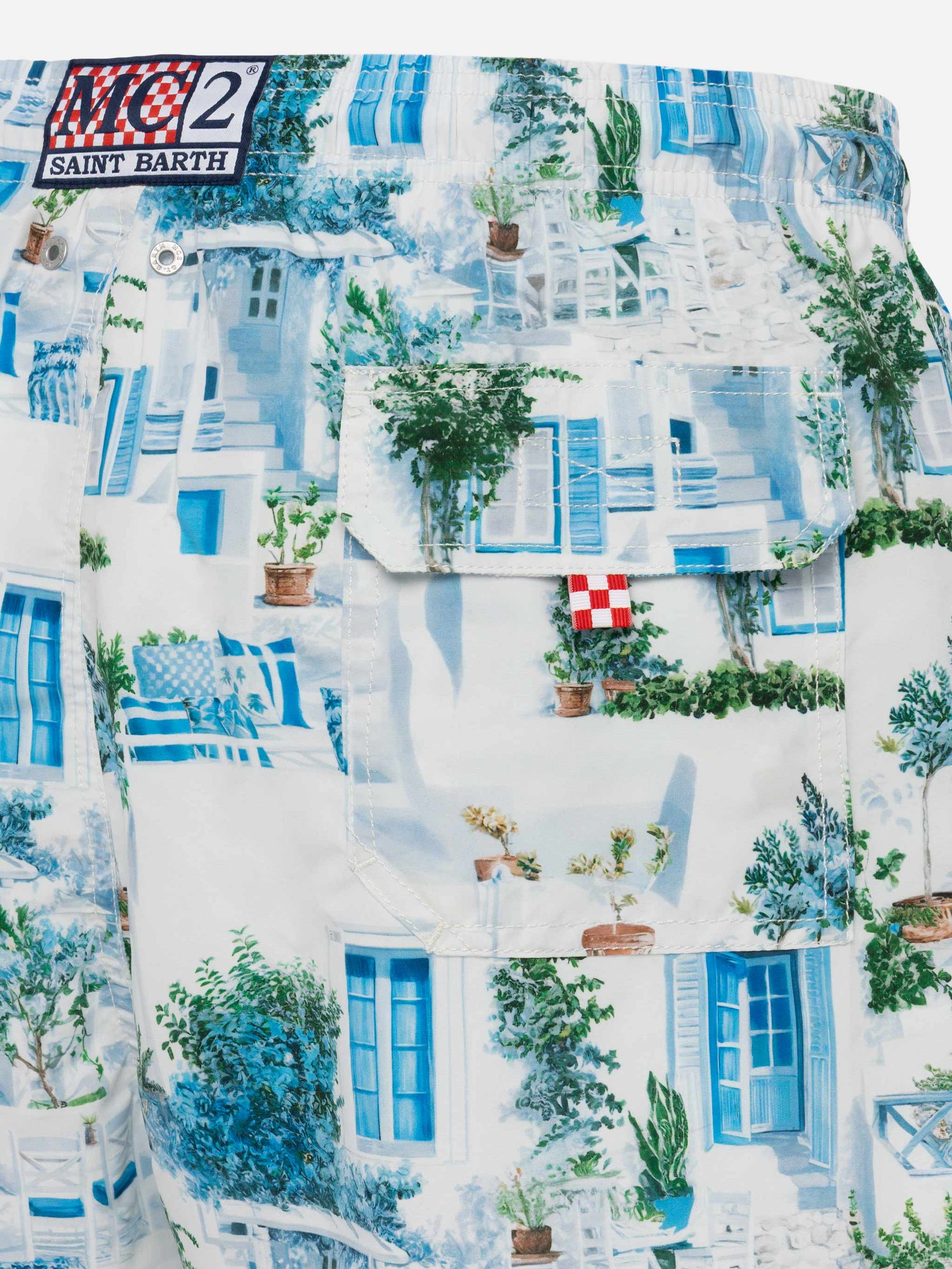 Mid-length Gustavia swim-shorts with Greek house print | AI CO-CREATED DESIGN BY RICKDICK - POWERED BY RED-EYE - MC2 Saint Barth