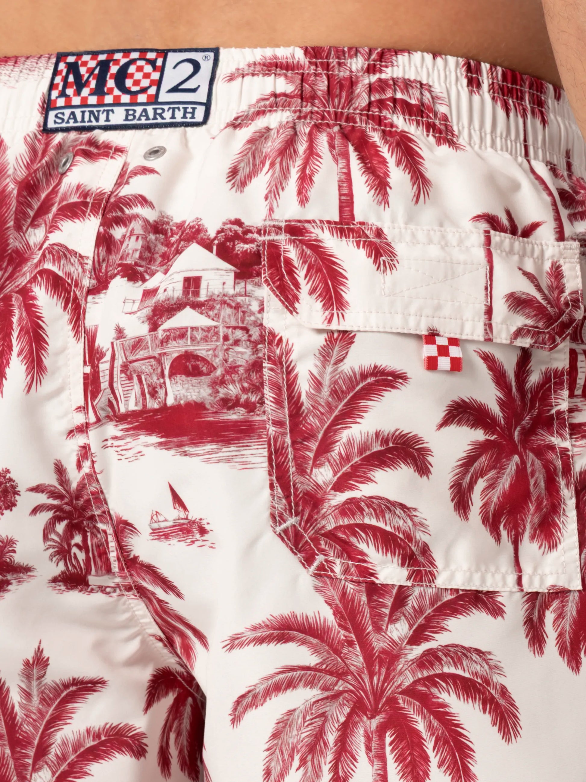 Mid-length Gustavia swim-shorts with toile de jouy print | AI CO-CREATED DESIGN BY RICKDICK - POWERED BY RED-EYE - MC2 Saint Barth