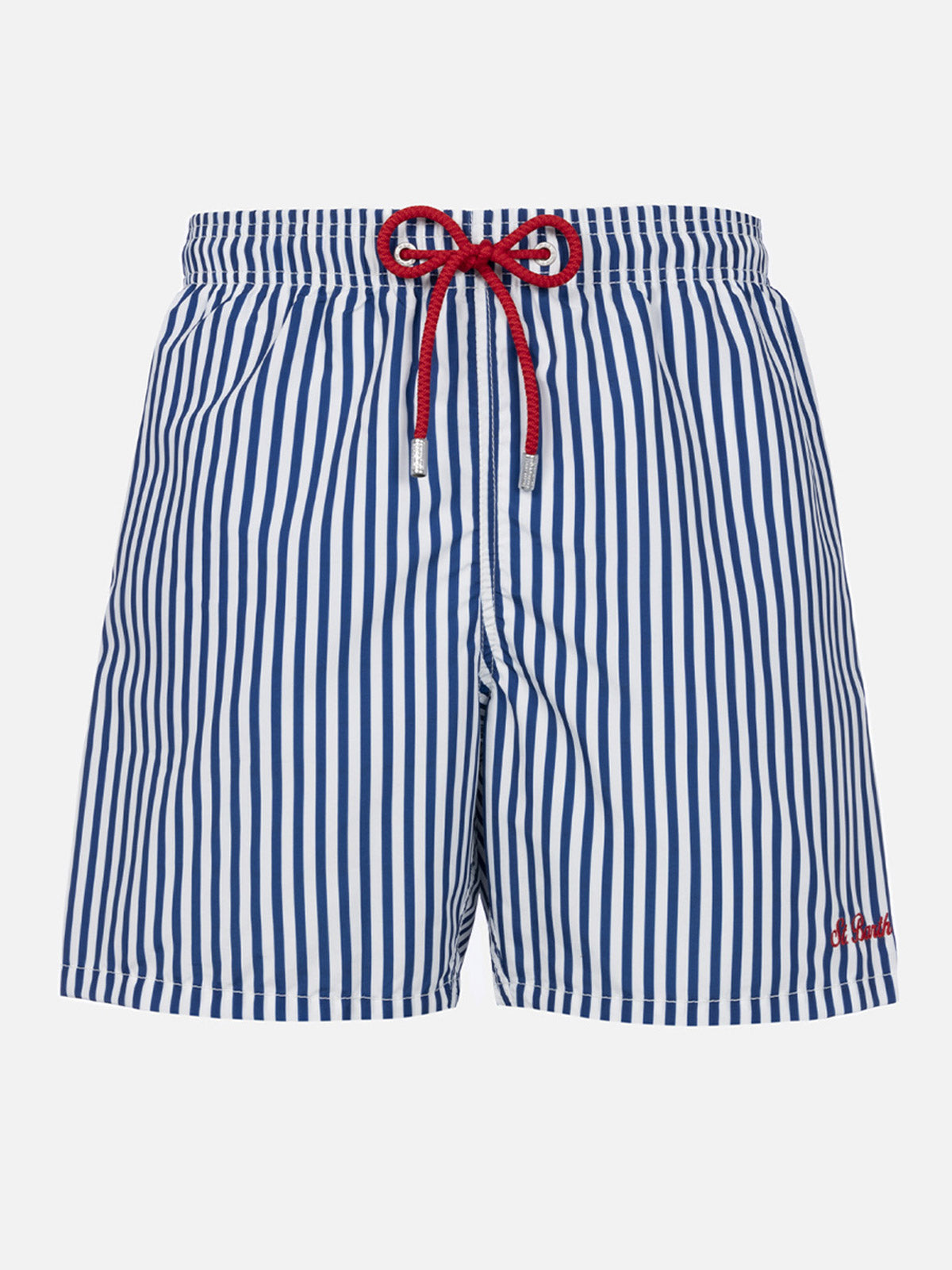 Man mid-length striped Gustavia swim-shorts with St. Barth embroidery