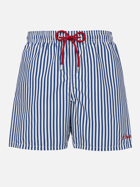 Man mid-length striped Gustavia swim-shorts with St. Barth embroidery