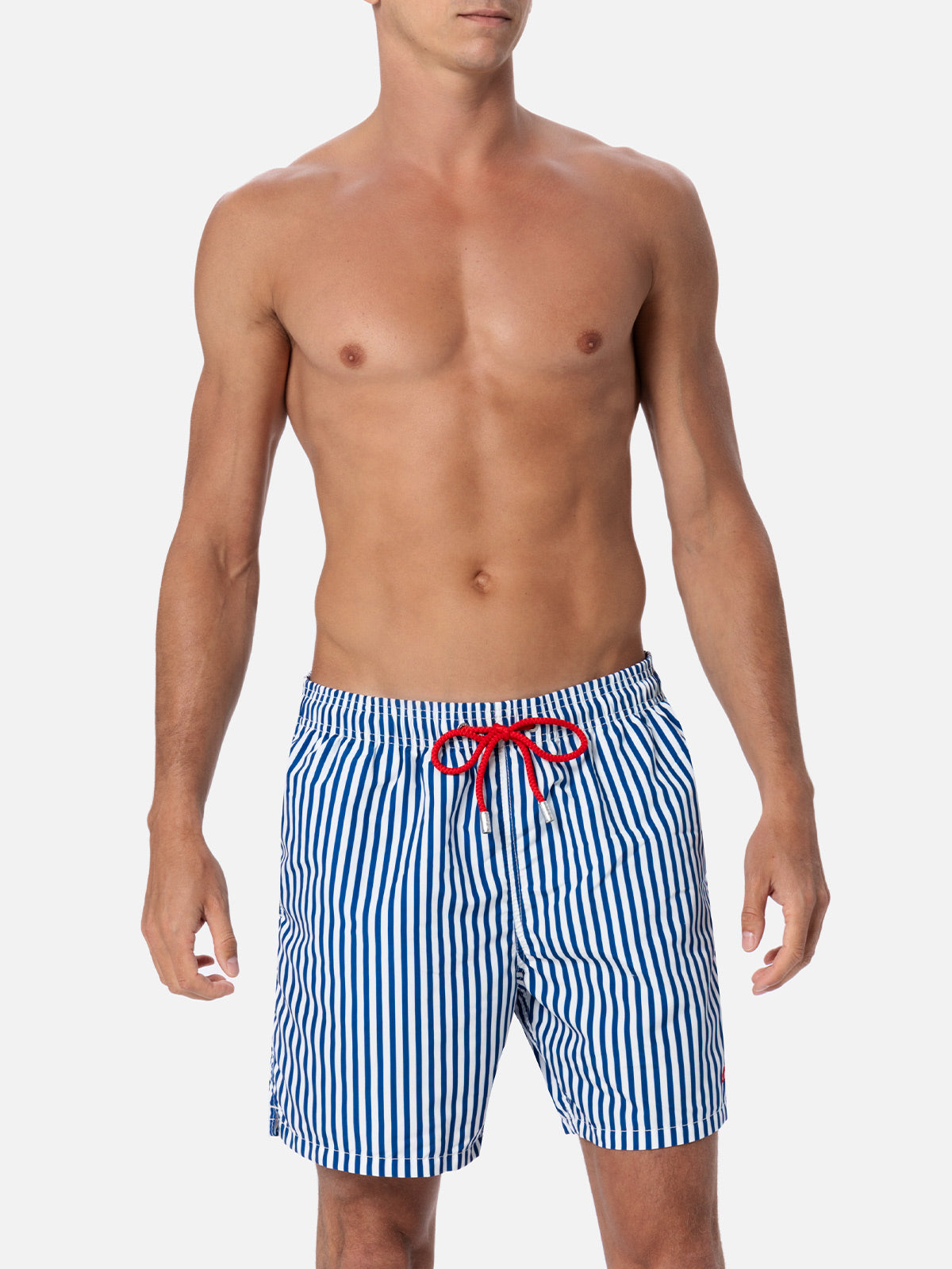 Man mid-length striped Gustavia swim-shorts with St. Barth embroidery