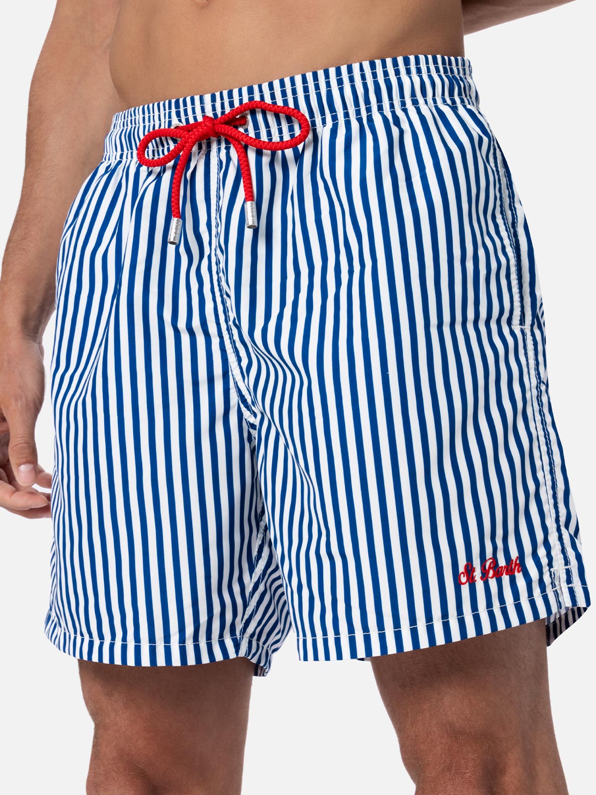 Man mid-length striped Gustavia swim-shorts with St. Barth embroidery