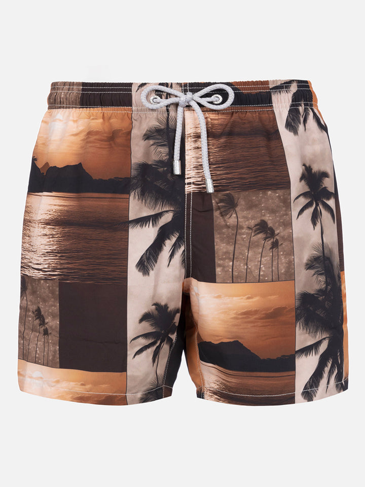 Man mid-length Gustavia swim-shorts with photo sunset print  |  AI CO-CREATED DESIGN BY RICKDICK - POWERED BY RED-EYE