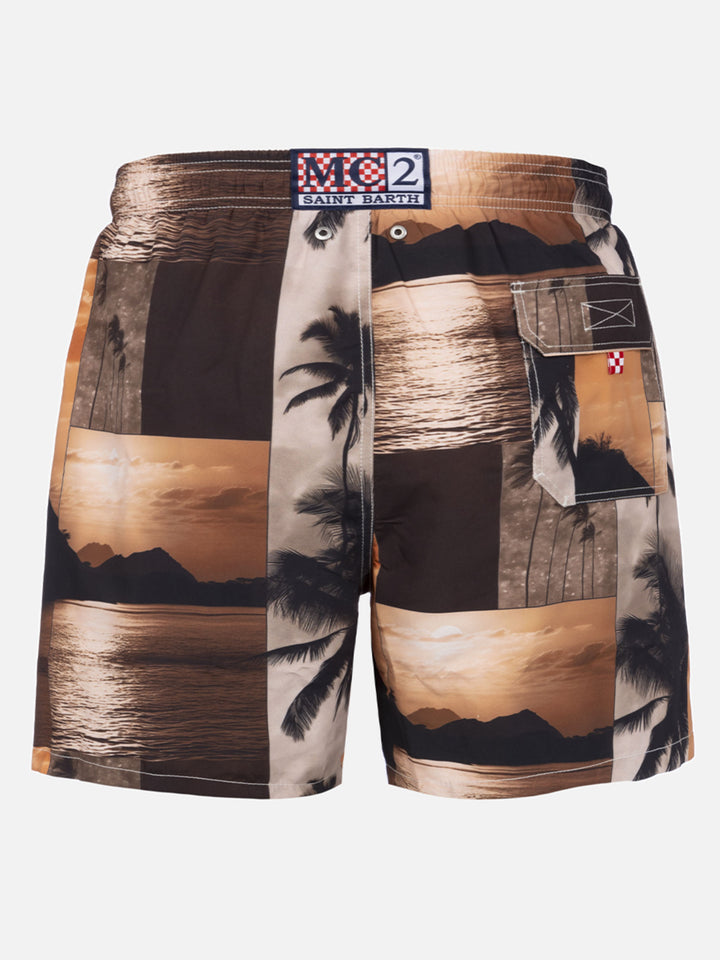 Man mid-length Gustavia swim-shorts with photo sunset print  |  AI CO-CREATED DESIGN BY RICKDICK - POWERED BY RED-EYE