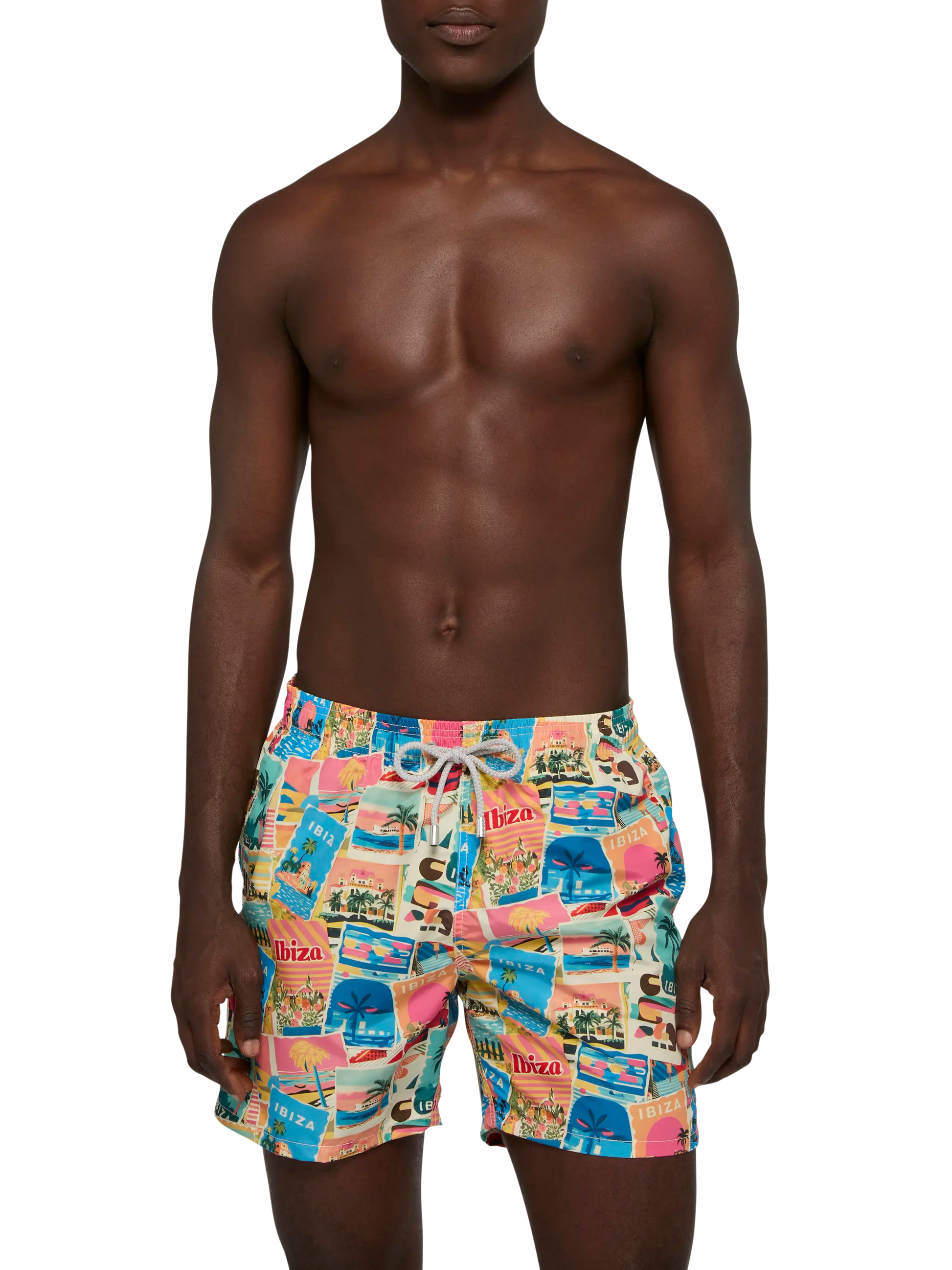 Mid-length Gustavia swim-shorts with Ibiza postcard print | AI CO-CREATED DESIGN BY RICKDICK - POWERED BY RED-EYE - MC2 Saint Barth