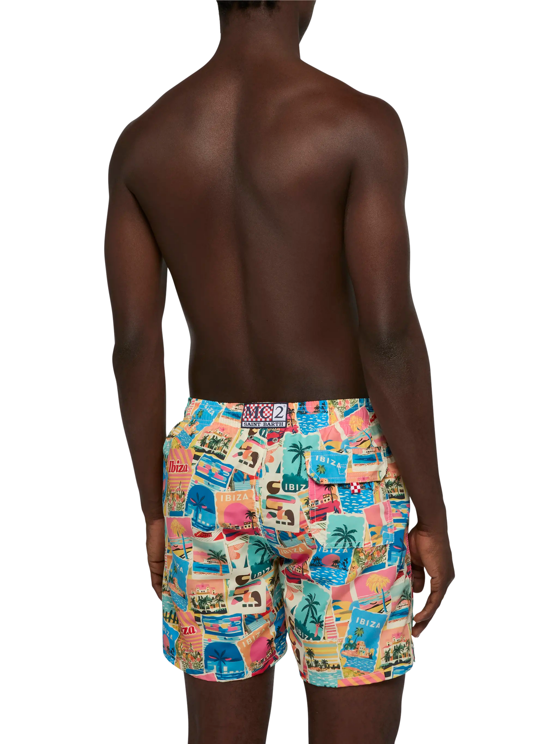 Mid-length Gustavia swim-shorts with Ibiza postcard print | AI CO-CREATED DESIGN BY RICKDICK - POWERED BY RED-EYE - MC2 Saint Barth