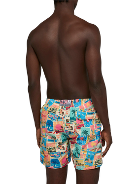 Mid-length Gustavia swim-shorts with Ibiza postcard print | AI CO-CREATED DESIGN BY RICKDICK - POWERED BY RED-EYE - MC2 Saint Barth