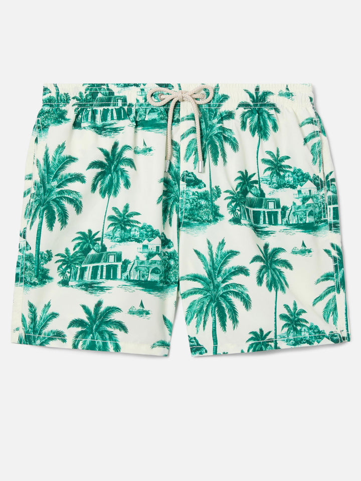 Gustavia swim shorts with green toile de jouy print | Special Edition