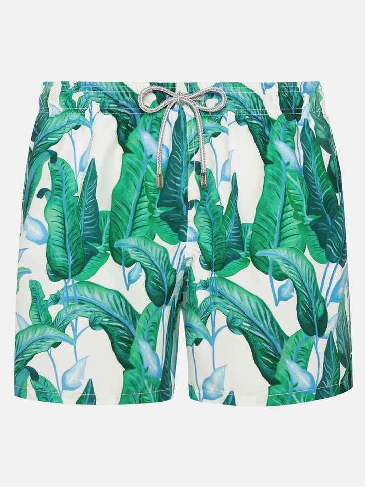 Mittellange Badeshorts mit tropischem Blätterprint