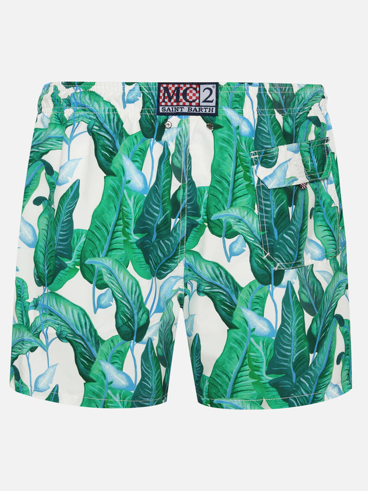 Mittellange Badeshorts mit tropischem Blätterprint