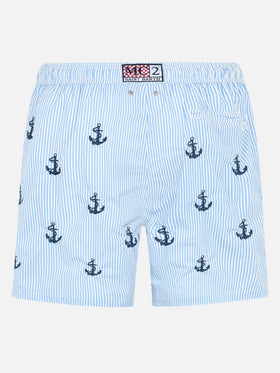 Man mid-length seersucker Gustavia swim shorts with anchors embroidery