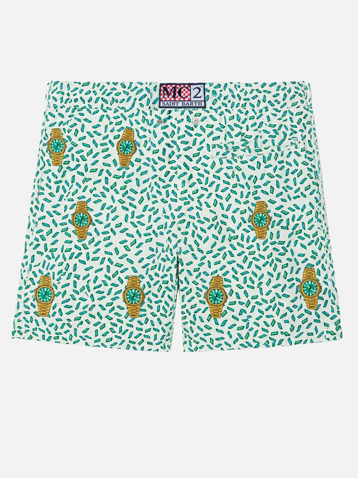 Mittellange gestreifte Badeshorts Gustavia mit Uhrenstickerei