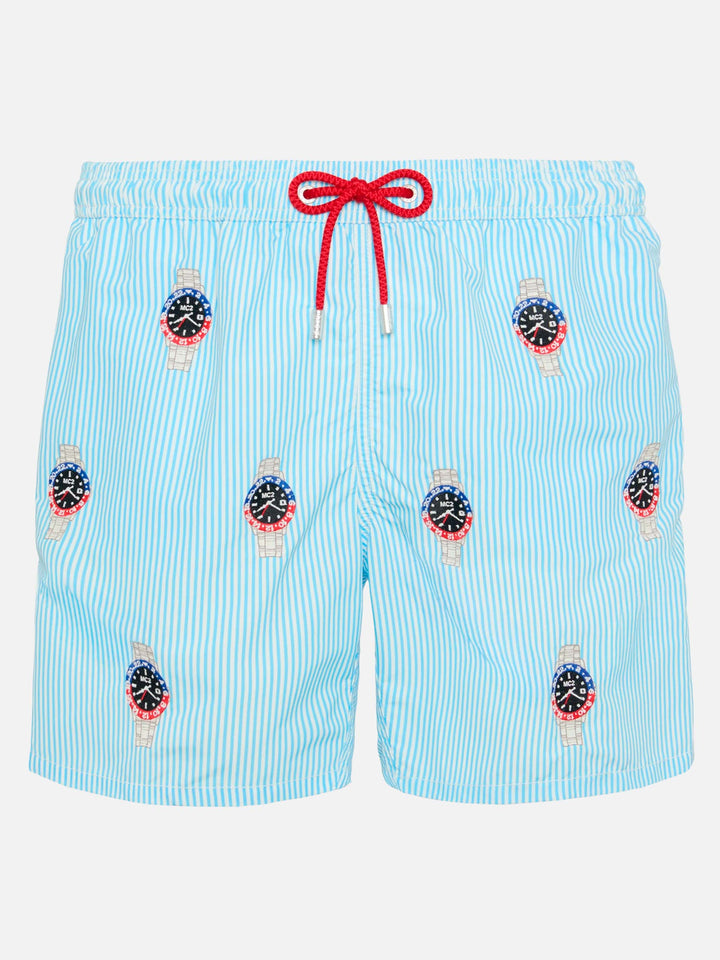 Mid-length striped Gustavia swim-shorts with watches embroidery