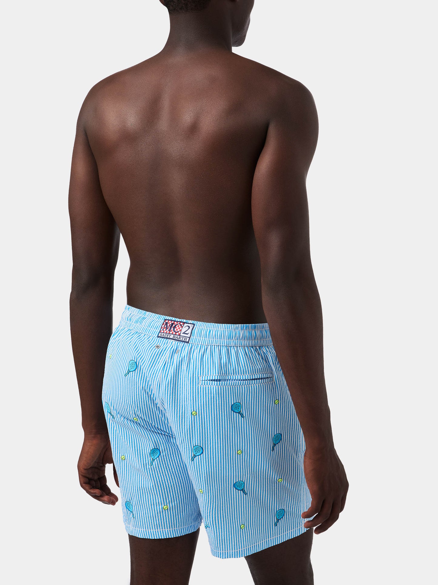 Gustavia seersucker striped swim shorts with embroidery