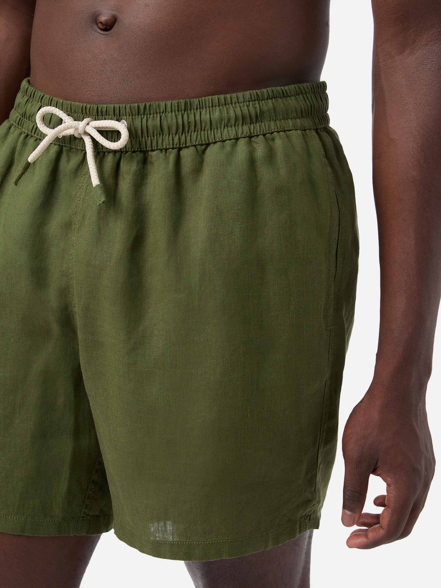 Gustavia military green plain-color linen swim shorts