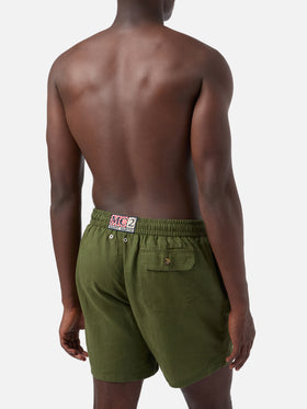 Gustavia military green plain-color linen swim shorts