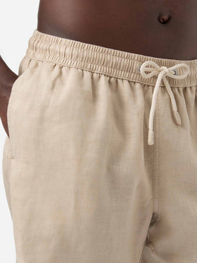 Gustavia beige plain-color linen swim shorts