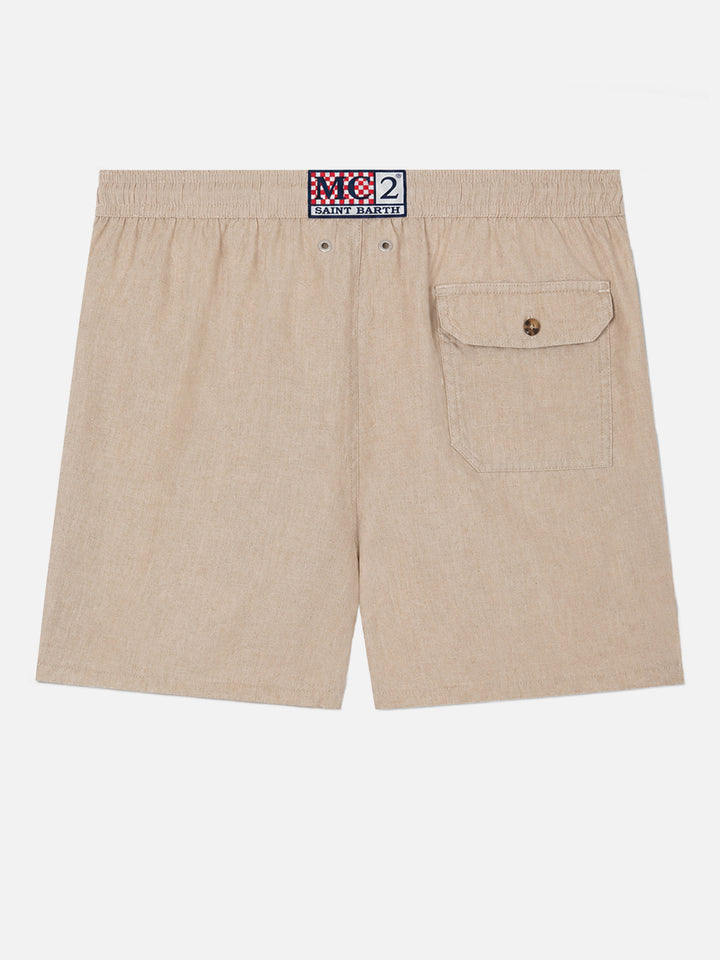 Gustavia beige plain-color linen swim shorts