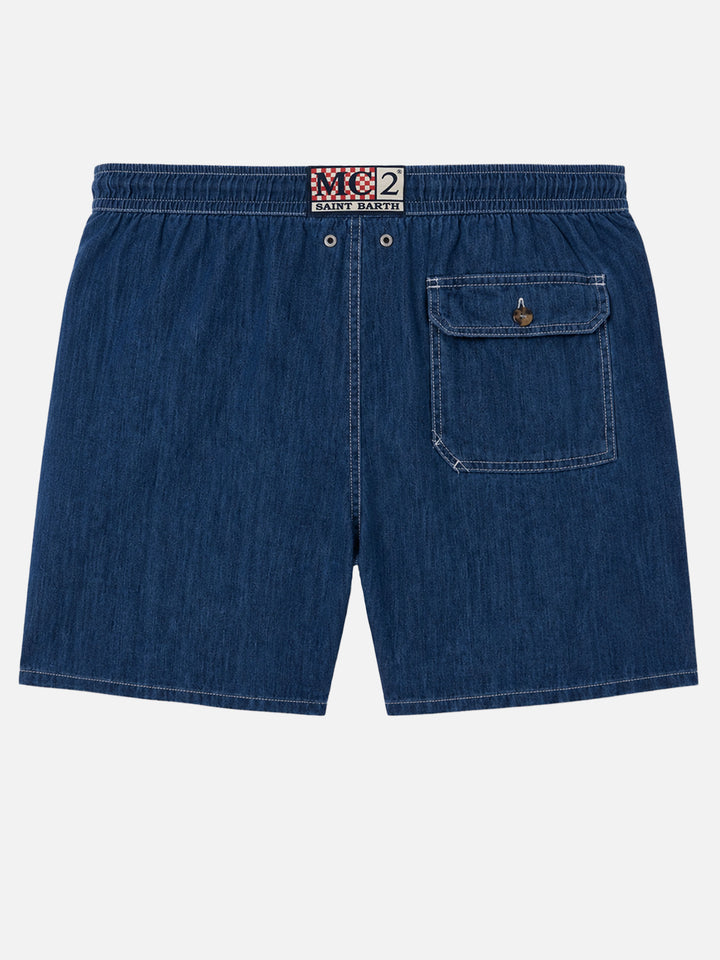 Mittellange Herren-Badeshorts aus Denim in Blau aus Leinen Gustavia
