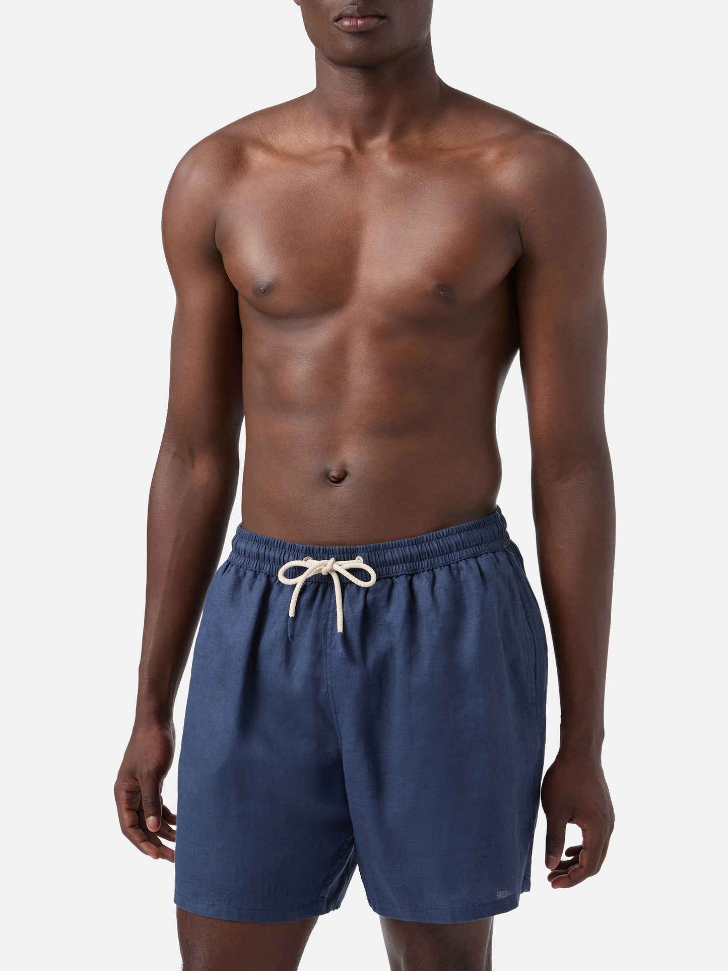 Mittellange marineblaue Leinen-Badeshorts Gustavia