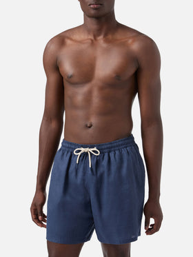 Mittellange marineblaue Leinen-Badeshorts Gustavia