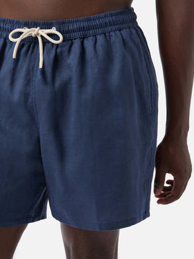 Mittellange marineblaue Leinen-Badeshorts Gustavia