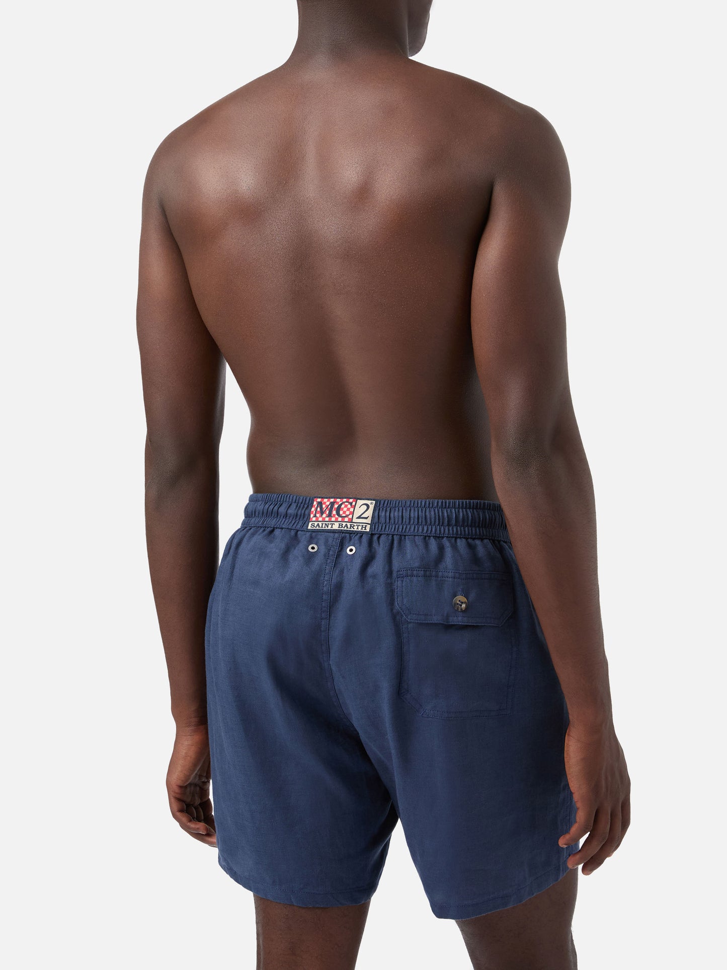Mittellange marineblaue Leinen-Badeshorts Gustavia