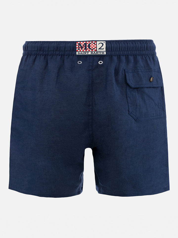 Mittellange marineblaue Leinen-Badeshorts Gustavia