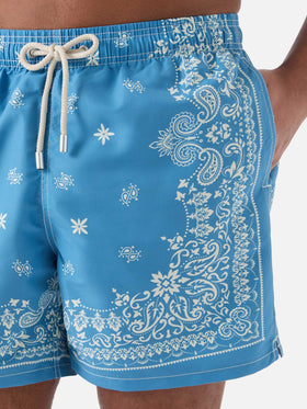 Gustavia light blue swim shorts with bandana print