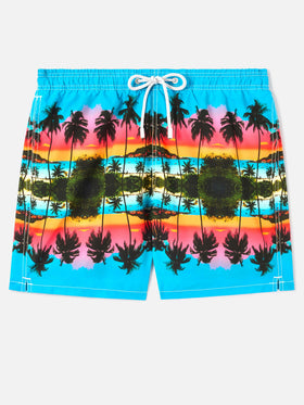Badeshorts mit platziertem Gustavia-Palmenlandschafts-Print | Special Edition 