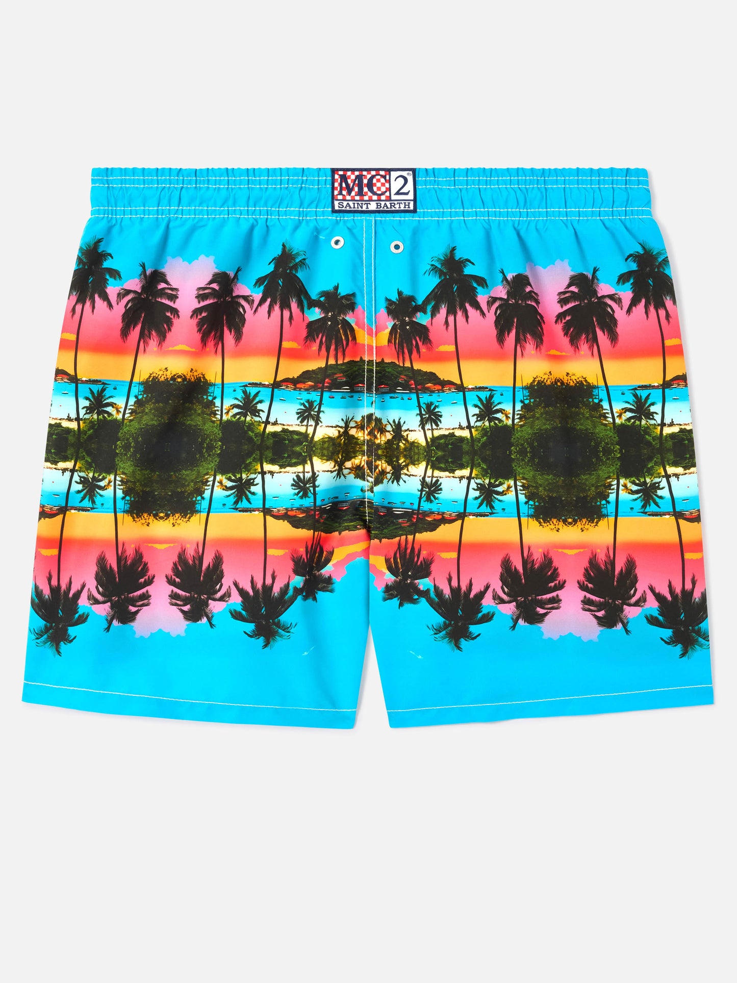 Badeshorts mit platziertem Gustavia-Palmenlandschafts-Print | Special Edition 