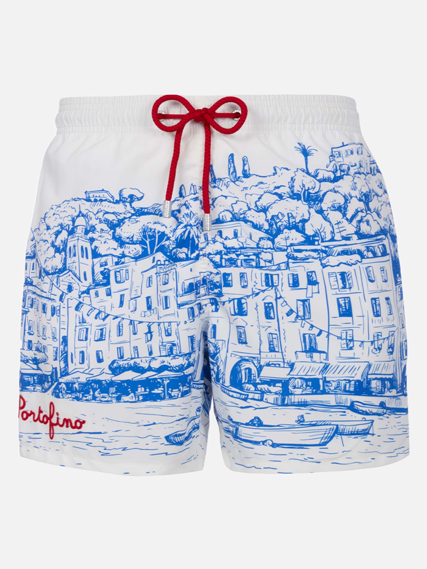 Mittellange Gustavia-Badeshorts für Herren mit platziertem Portofino-Aufdruck