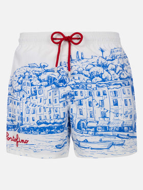 Mittellange Gustavia-Badeshorts für Herren mit platziertem Portofino-Aufdruck