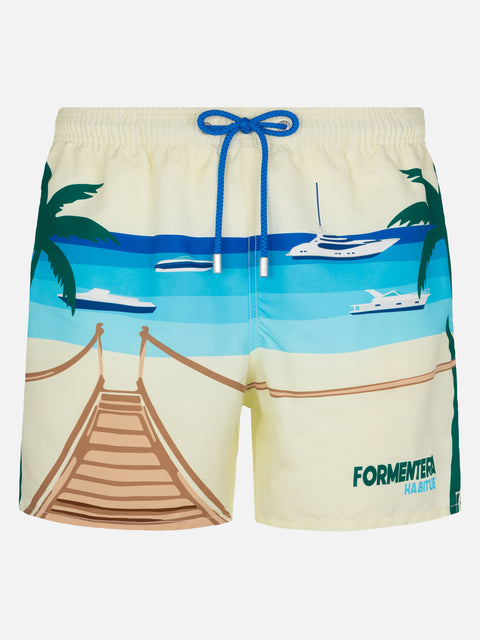 Mid-length Gustavia swim-shorts with Formentera postcard placed print - MC2 Saint Barth