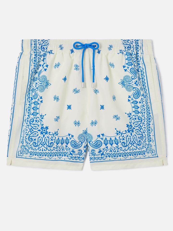 Costume mare Gustavia bianco e azzurro con stampa bandana