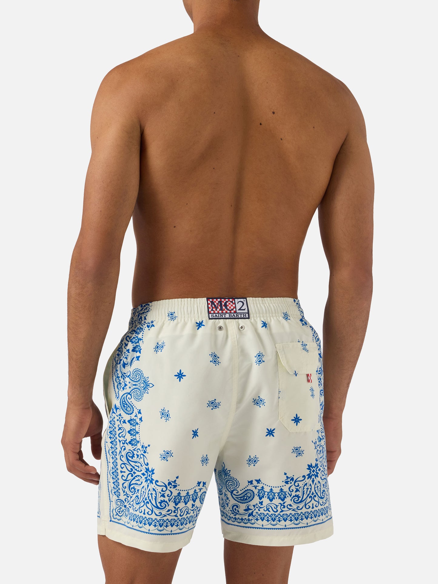 Gustavia Badehose in Hellblau und Weiß mit Bandana-Print 