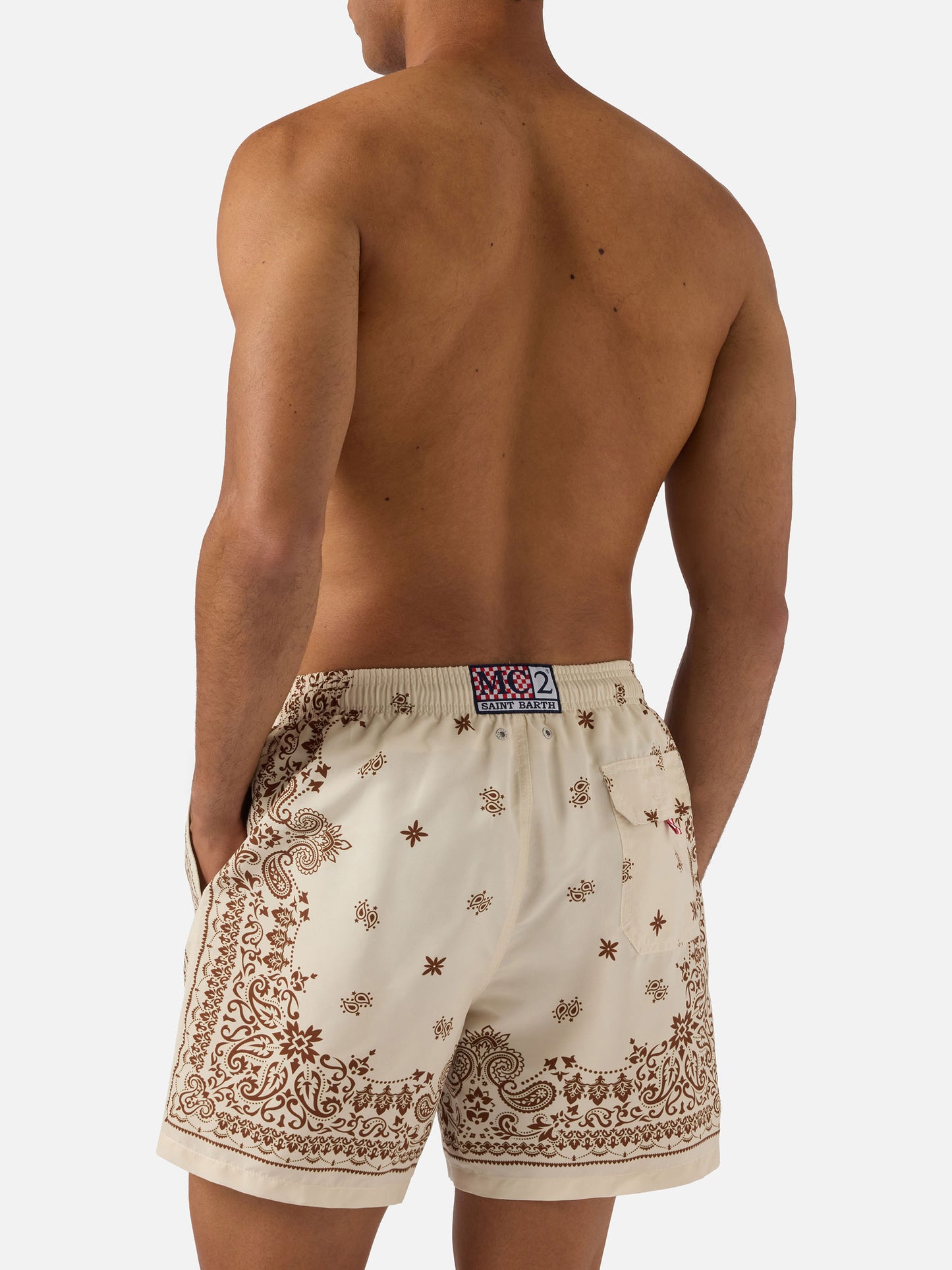 Gustavia beige swim shorts with bandana print