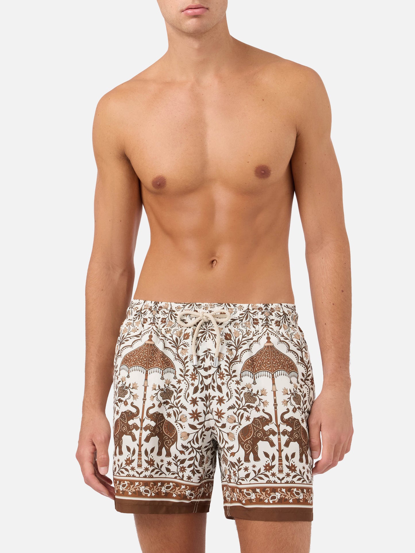 Gustavia swim shorts with brown ornamental placed print