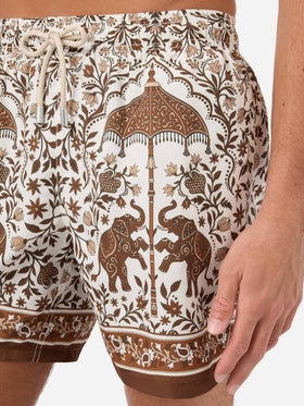 Gustavia swim shorts with brown ornamental placed print